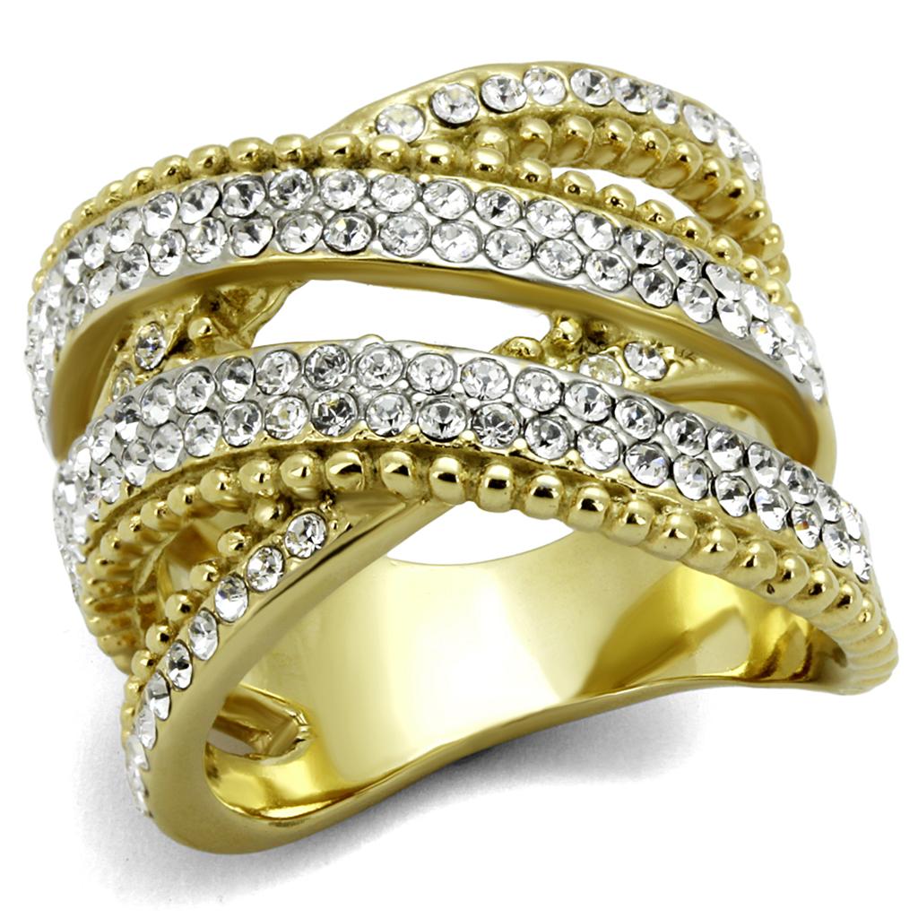 TK2252 - Two-Tone IP Gold (Ion Plating) Stainless Steel Ring with Top Grade Crystal in Clear