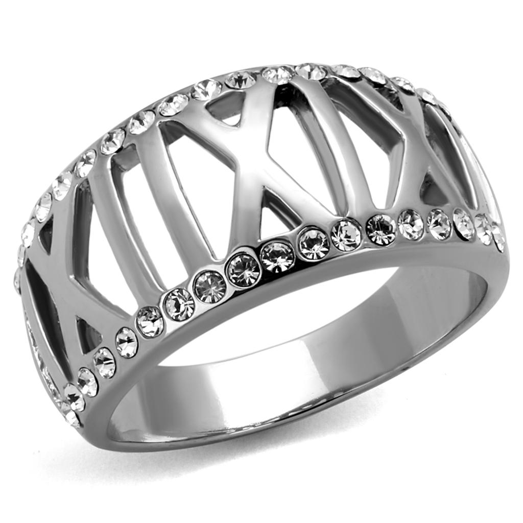 TK2257 - High polished (no plating) Stainless Steel Ring with Top Grade Crystal in Clear