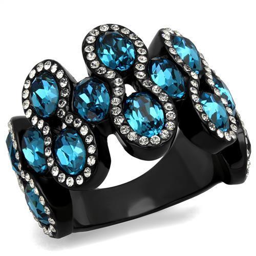 TK2289 - IP Black(Ion Plating) Stainless Steel Ring with Top Grade Crystal in Aquamarine