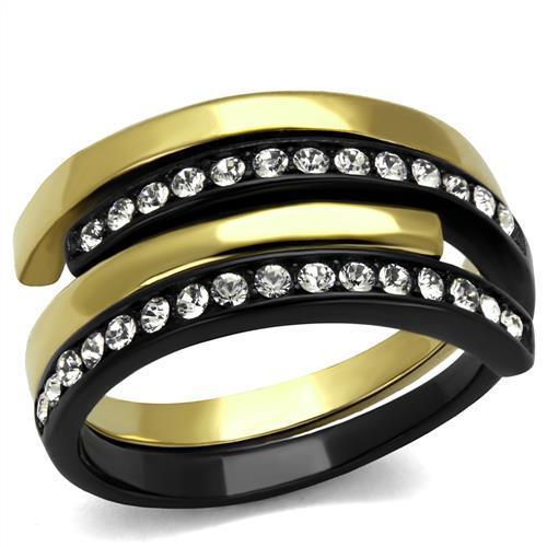 TK2298 - IP Gold+ IP Black (Ion Plating) Stainless Steel Ring with Top Grade Crystal in Clear