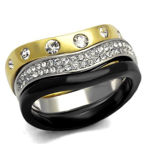 TK2299 - IP Gold+ IP Black (Ion Plating) Stainless Steel Ring with Top Grade Crystal in Clear