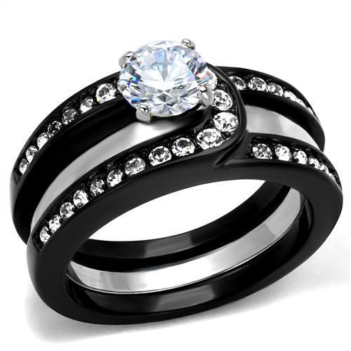 TK2303 - Two-Tone IP Black (Ion Plating) Stainless Steel Ring with AAA Grade CZ in Clear