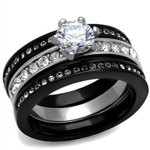 TK2304 - Two-Tone IP Black (Ion Plating) Stainless Steel Ring with AAA Grade CZ in Clear