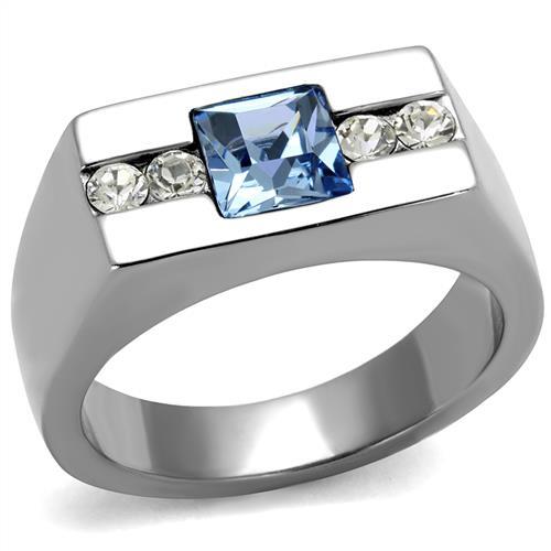 TK2307 - High polished (no plating) Stainless Steel Ring with Top Grade Crystal in Aquamarine