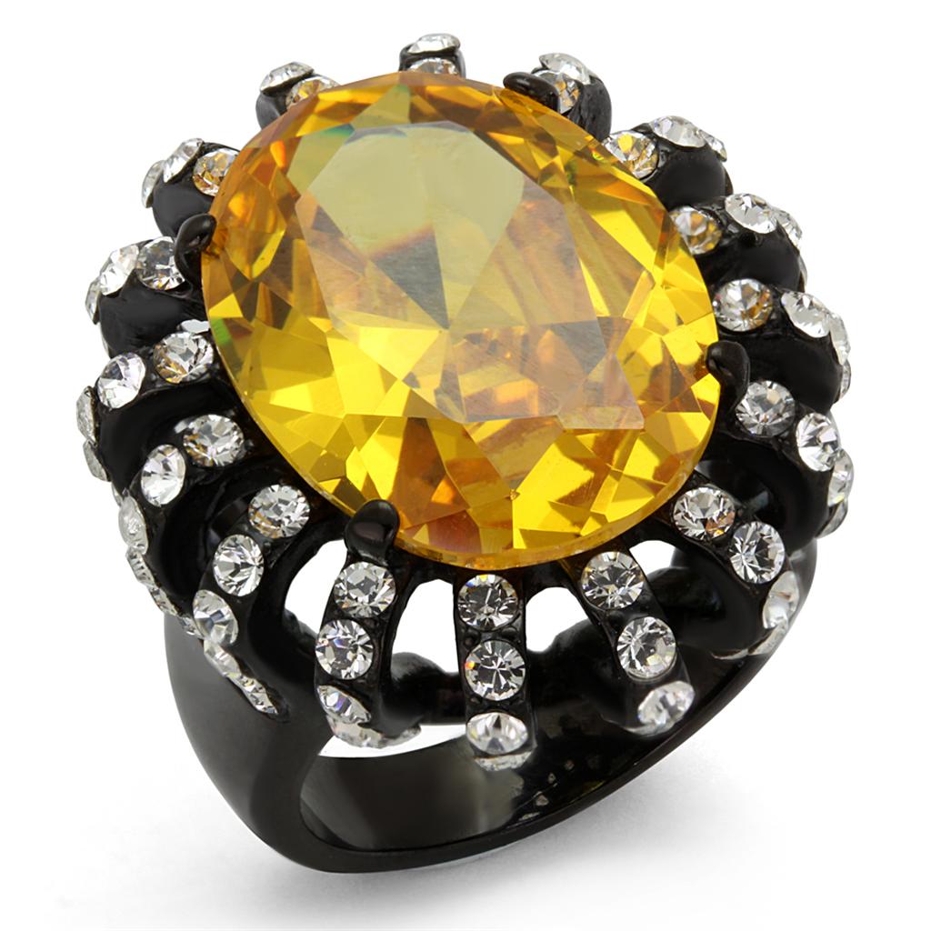 TK2346 - IP Black(Ion Plating) Stainless Steel Ring with AAA Grade CZ in Topaz