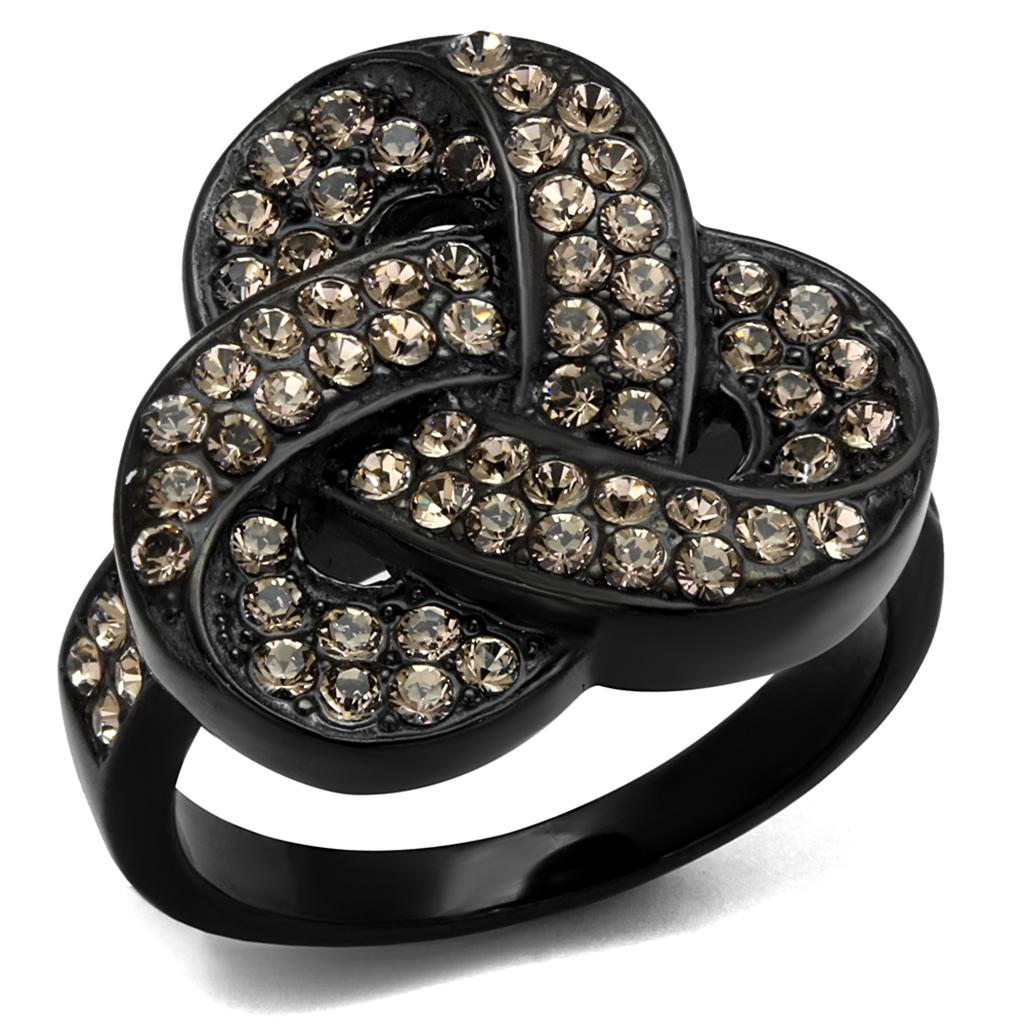 TK2347 - IP Black(Ion Plating) Stainless Steel Ring with Top Grade Crystal in Light Smoked