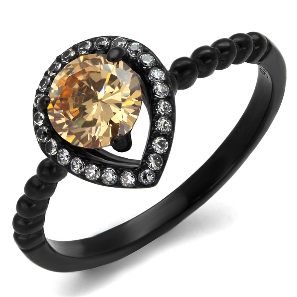 TK2365 - IP Black(Ion Plating) Stainless Steel Ring with AAA Grade CZ in Champagne