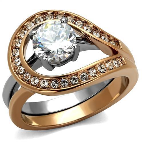 TK2479 - Two-Tone IP Rose Gold Stainless Steel Ring with AAA Grade CZ in Clear