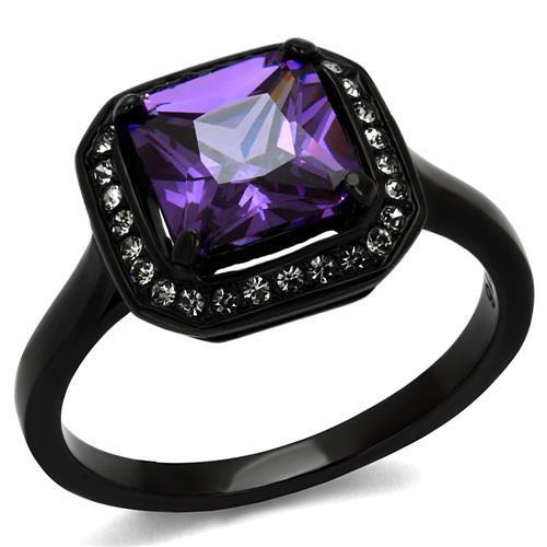 TK2487 - IP Black(Ion Plating) Stainless Steel Ring with AAA Grade CZ in Amethyst