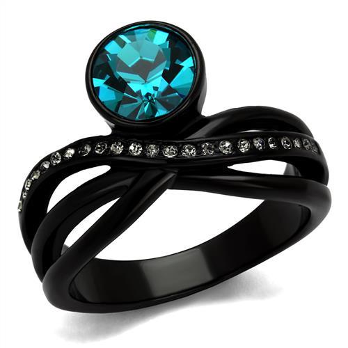 TK2488 - IP Black(Ion Plating) Stainless Steel Ring with Top Grade Crystal in Blue Zircon