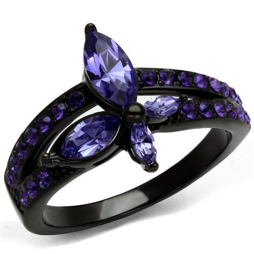 TK2490 - IP Black(Ion Plating) Stainless Steel Ring with Top Grade Crystal in Tanzanite