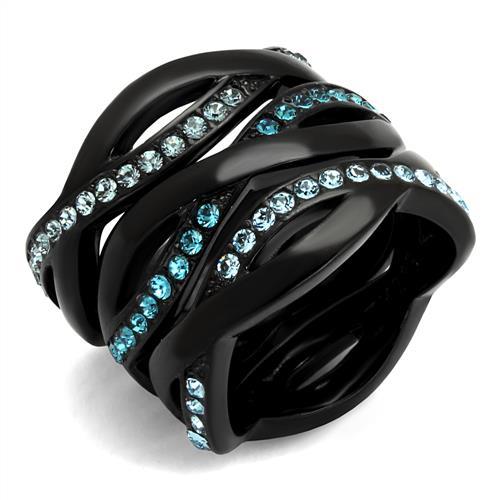 TK2492 - IP Black(Ion Plating) Stainless Steel Ring with Top Grade Crystal in Sea Blue