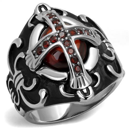 TK2507 - High polished (no plating) Stainless Steel Ring with AAA Grade CZ in Garnet