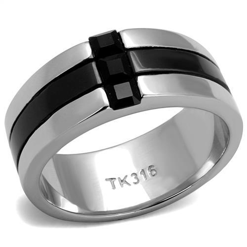 TK2516 - High polished (no plating) Stainless Steel Ring with Top Grade Crystal in Jet