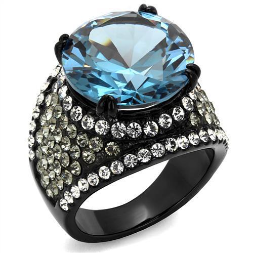 TK2555 - IP Black(Ion Plating) Stainless Steel Ring with AAA Grade CZ in London Blue