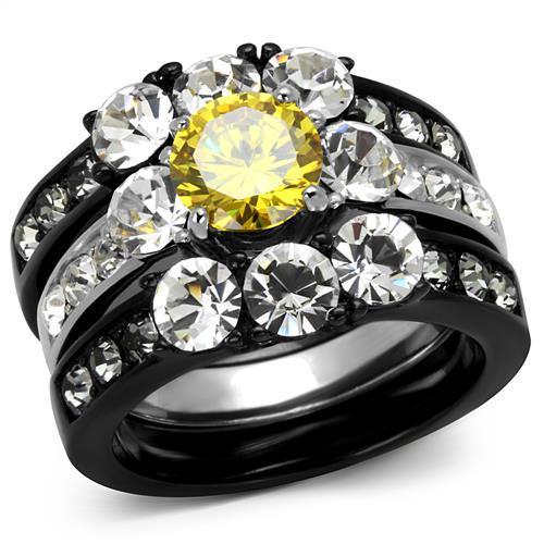 TK2615 - Two-Tone IP Black (Ion Plating) Stainless Steel Ring with AAA Grade CZ in Topaz