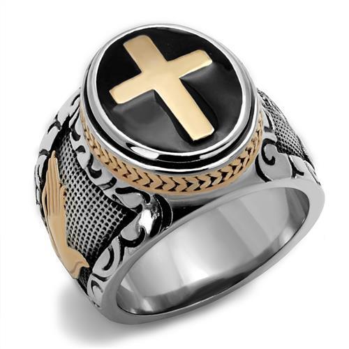 TK2623 - Two-Tone IP Rose Gold Stainless Steel Ring with Epoxy in Jet