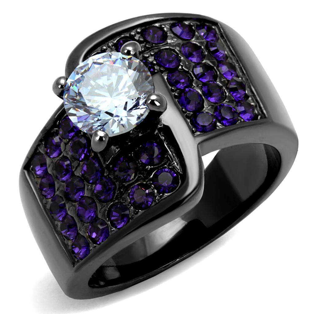 TK2644 - IP Light Black (IP Gun) Stainless Steel Ring with AAA Grade CZ in Light Amethyst