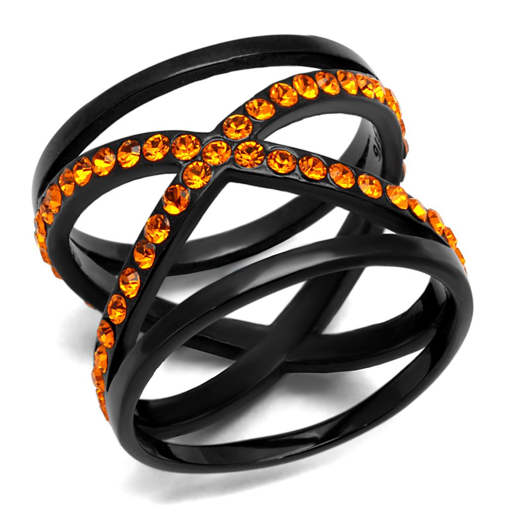 TK2645 - IP Black(Ion Plating) Stainless Steel Ring with Top Grade Crystal in Orange