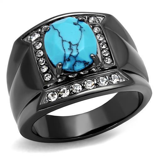 TK2662 - IP Light Black (IP Gun) Stainless Steel Ring with Synthetic Turquoise in Sea Blue