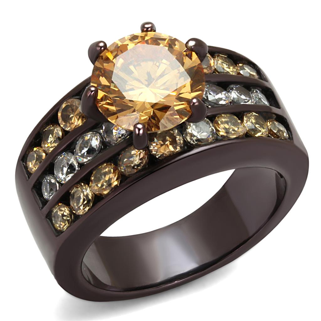 TK2681 - IP Dark Brown (IP coffee) Stainless Steel Ring with AAA Grade CZ in Champagne