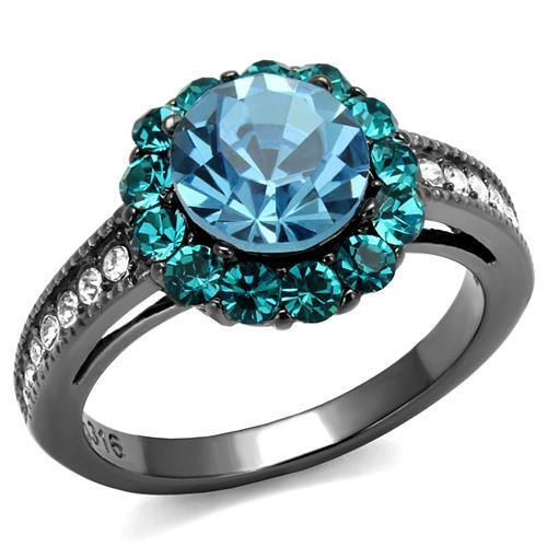 TK2716 - IP Light Black (IP Gun) Stainless Steel Ring with Top Grade Crystal in Sea Blue