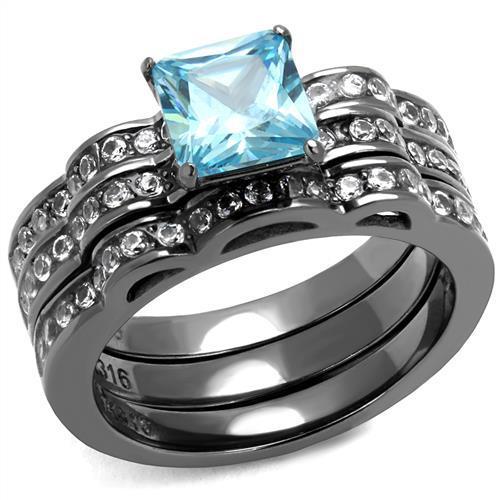 TK2748 - IP Light Black (IP Gun) Stainless Steel Ring with AAA Grade CZ in Sea Blue