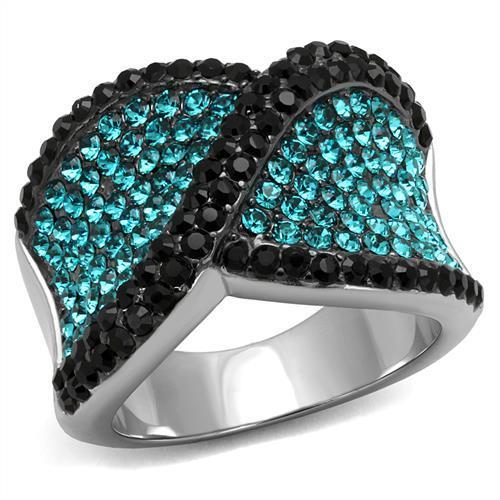 TK2764 - Two-Tone IP Black Stainless Steel Ring with Top Grade Crystal in Blue Zircon