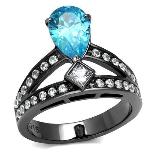 TK2775 - IP Light Black (IP Gun) Stainless Steel Ring with AAA Grade CZ in Sea Blue