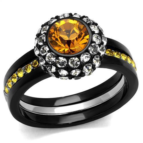 TK2783 - Two-Tone IP Black (Ion Plating) Stainless Steel Ring with Top Grade Crystal in Topaz