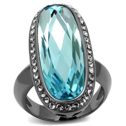 TK2804 - IP Light Black (IP Gun) Stainless Steel Ring with Top Grade Crystal in Sea Blue