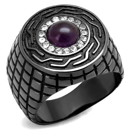 TK2813 - IP Light Black (IP Gun) Stainless Steel Ring with Semi-Precious Amethyst Crystal in Amethyst