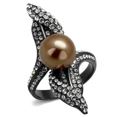 TK2834 - IP Light Black (IP Gun) Stainless Steel Ring with Synthetic Pearl in Brown