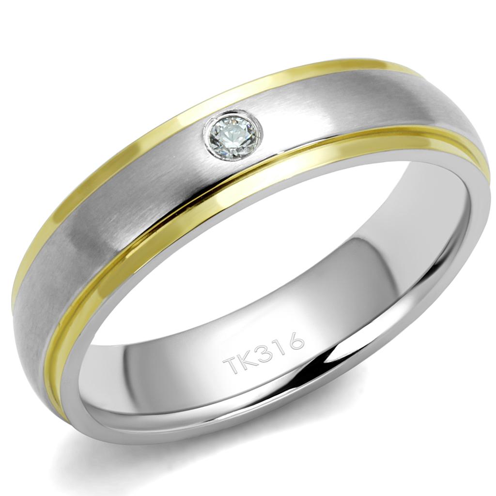 TK2938 - Two-Tone IP Gold (Ion Plating) Stainless Steel Ring with AAA Grade CZ in Clear