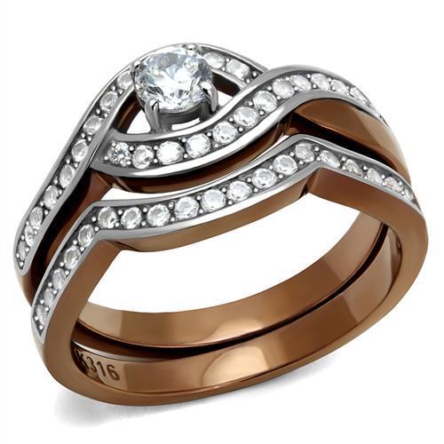 TK2953 - Two Tone IP Light Brown (IP Light coffee) Stainless Steel Ring with AAA Grade CZ in Clear