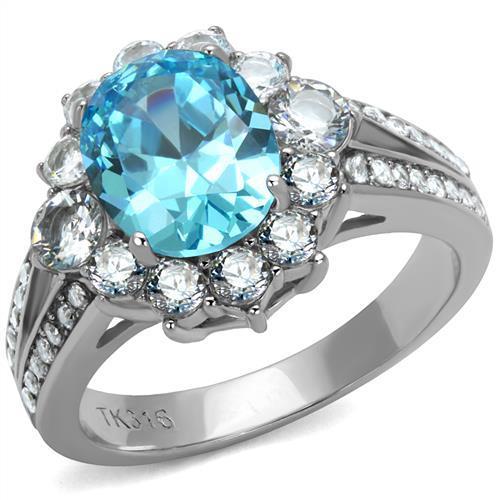 TK2977 - High polished (no plating) Stainless Steel Ring with AAA Grade CZ in Sea Blue