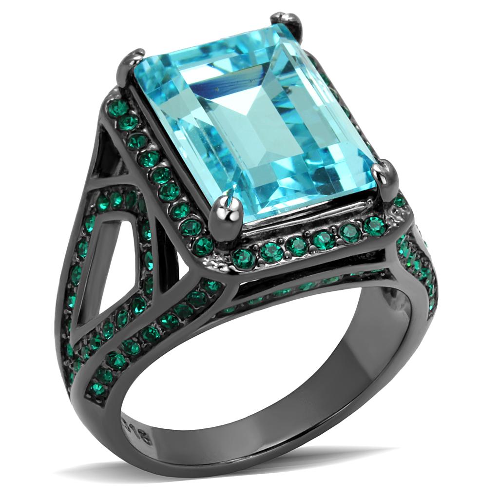 TK2988 - IP Light Black (IP Gun) Stainless Steel Ring with Top Grade Crystal in Sea Blue