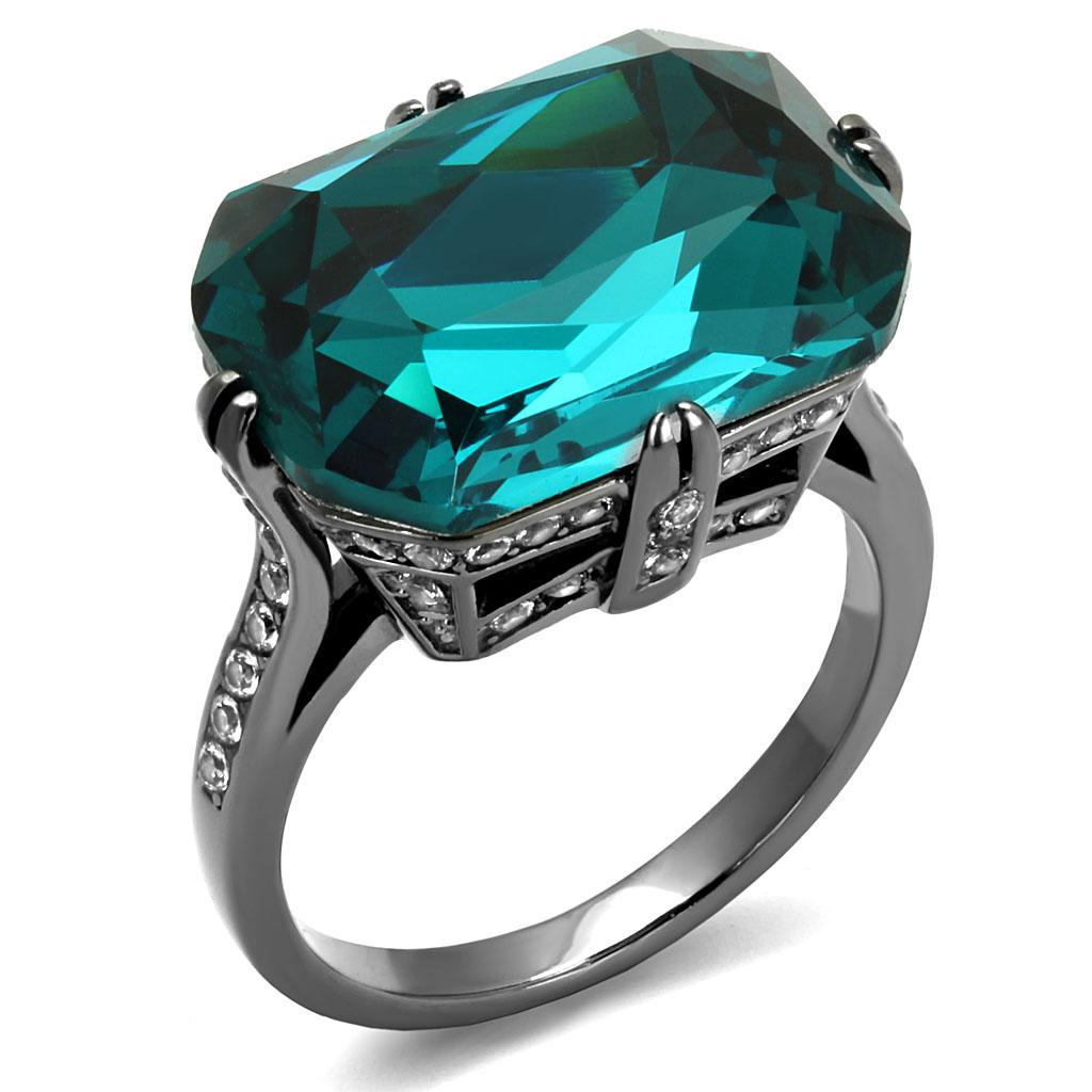 TK2998 - IP Light Black (IP Gun) Stainless Steel Ring with Top Grade Crystal in Blue Zircon