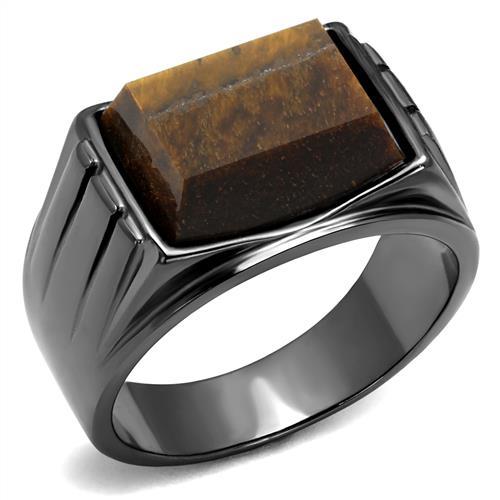 TK3001 - IP Light Black (IP Gun) Stainless Steel Ring with Synthetic Tiger Eye in Topaz