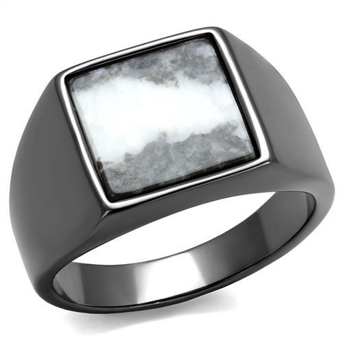 TK3005 - IP Light Black (IP Gun) Stainless Steel Ring with Semi-Precious Zebra Jasper in Gray