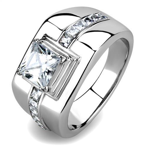 TK3011 - High polished (no plating) Stainless Steel Ring with AAA Grade CZ in Clear