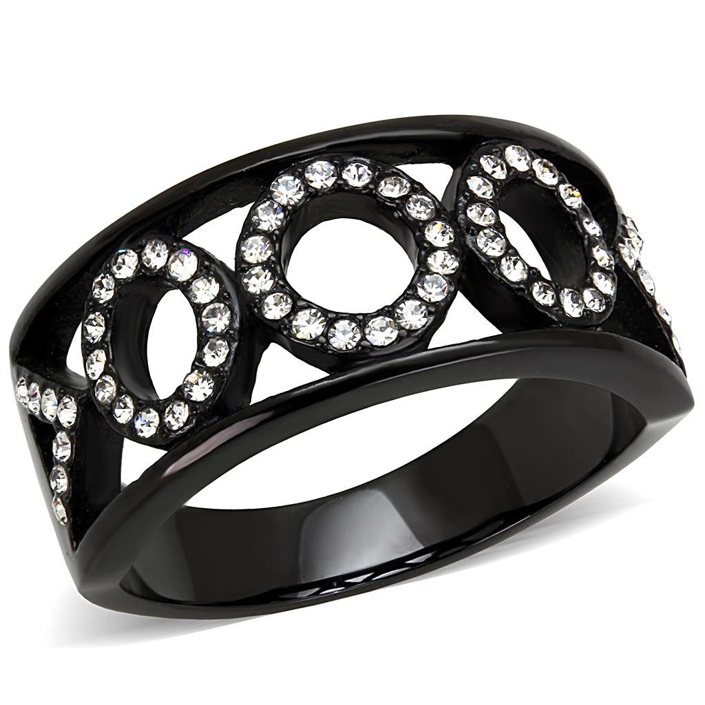 TK3046 - IP Black(Ion Plating) Stainless Steel Ring with Top Grade Crystal in Clear