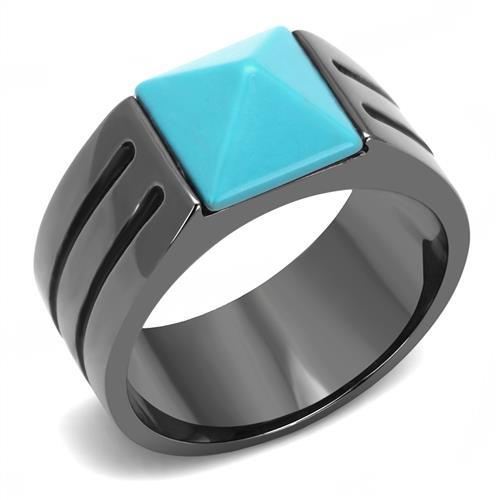 TK3074 - IP Light Black (IP Gun) Stainless Steel Ring with Synthetic Turquoise in Sea Blue