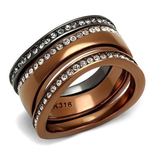 TK3082 - IP Light Black & IP Light coffee Stainless Steel Ring with Top Grade Crystal in Black Diamond