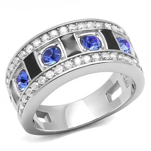 TK3141 - High polished (no plating) Stainless Steel Ring with Top Grade Crystal in Sapphire