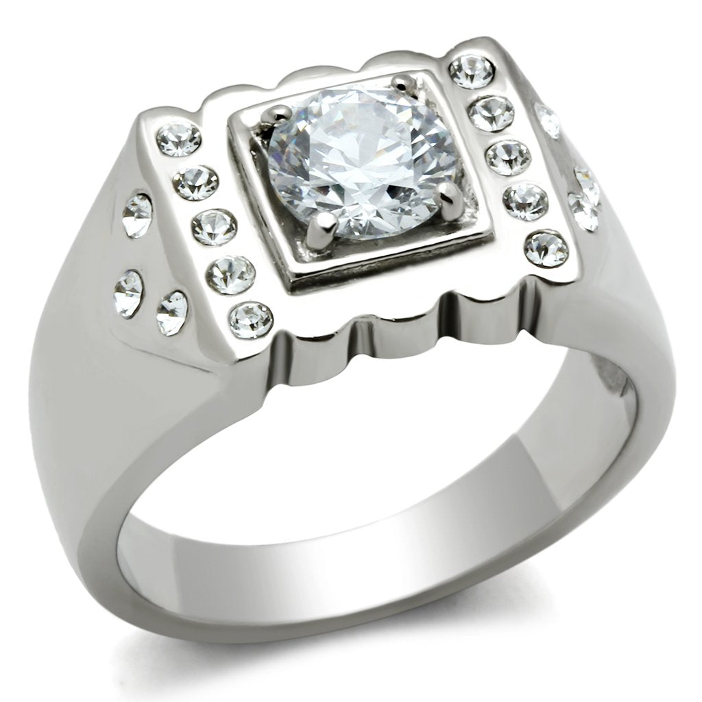 TK315 - High polished (no plating) Stainless Steel Ring with AAA Grade CZ in Clear