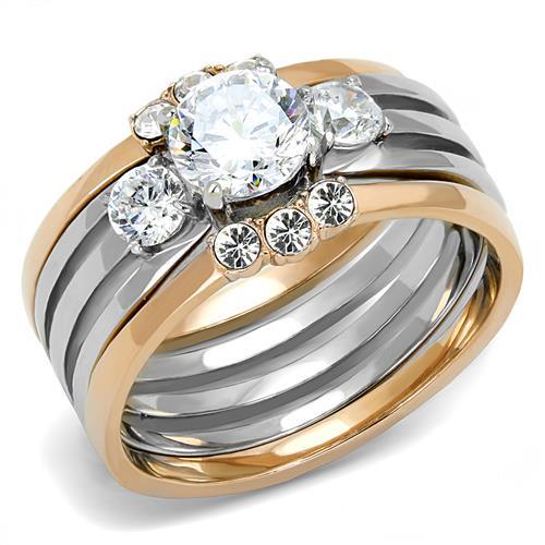 TK3212 - Two-Tone IP Rose Gold Stainless Steel Ring with AAA Grade CZ in Clear