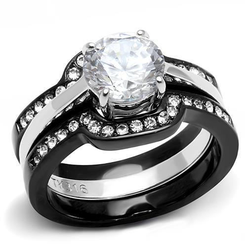 TK3214 - Two-Tone IP Black (Ion Plating) Stainless Steel Ring with AAA Grade CZ in Clear