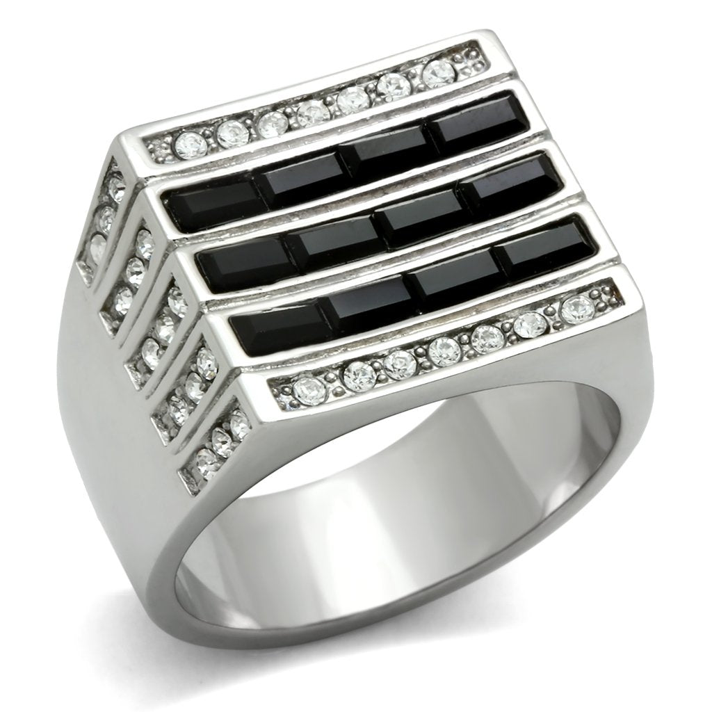 TK321 - High polished (no plating) Stainless Steel Ring with Top Grade Crystal in Jet