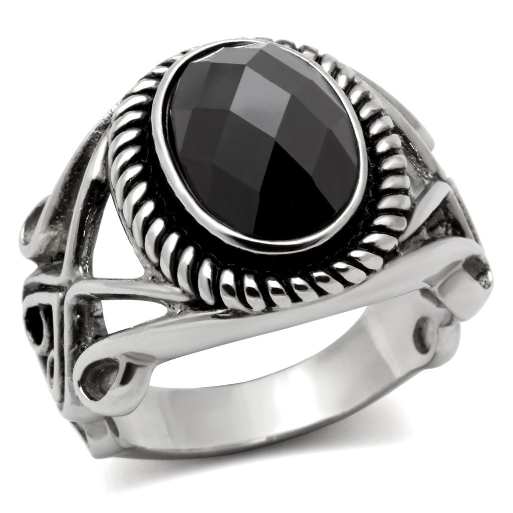 TK322 - High polished (no plating) Stainless Steel Ring with AAA Grade CZ in Black Diamond